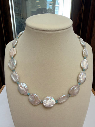 Coin Pearl & Brass Necklace Turquoise