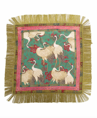 Crane Print Fringe Trim Scarf Olive