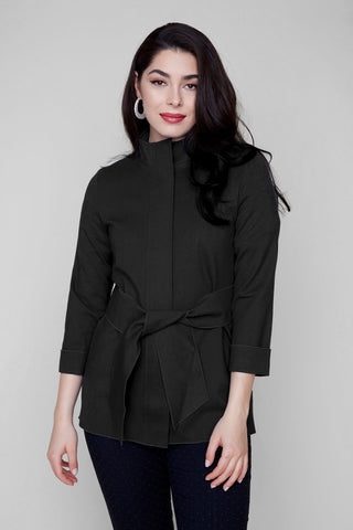 Knit Black Jacket with Belted Tie