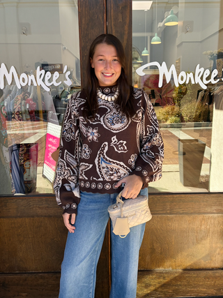 Long Sleeve Patterned Sweater in Brown