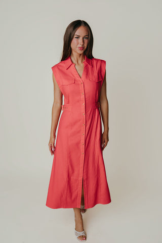 Maxi V-neck Button Down Coral Dress