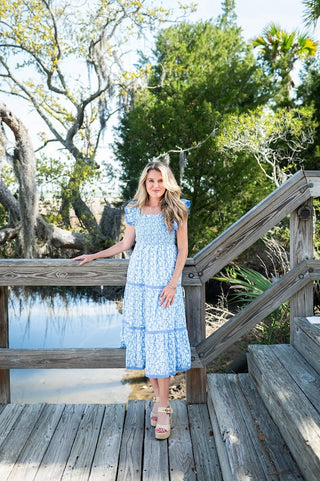 Flutter Sleeve Smocked Midi Dress in Ditsy Falling Violets