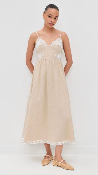 Beige slip dress with embroidery trim