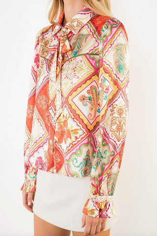 Satin Abstract Top with Tie Neck in Red