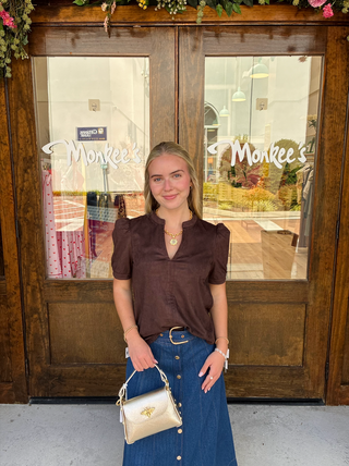 Faux Suede Short Sleeve Top in Brown