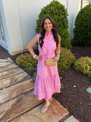 Pink Sleeveless Midi Poplin Dress