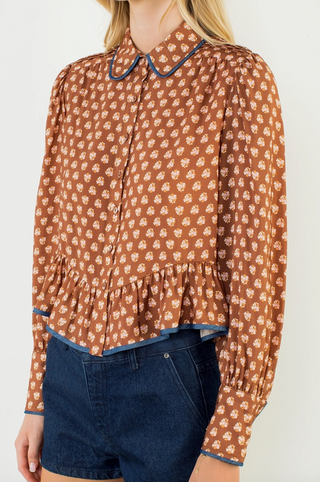 Long Sleeve Floral Pattern Button Down Top