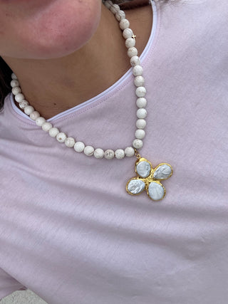 Pearl Clover Cross on 10mm Gemstone Necklace