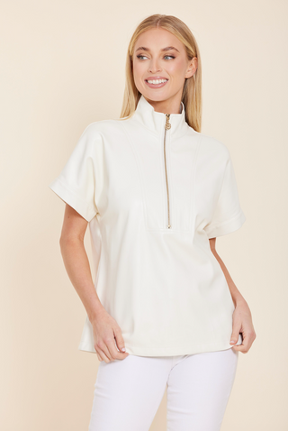 Faux Leather Zip Up Top in Creme