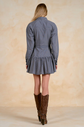 Long Sleeve Button Down Dress in Blue Stripe