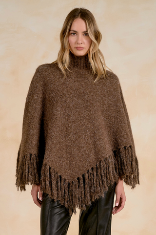 Fringe Turtleneck Poncho in Brown