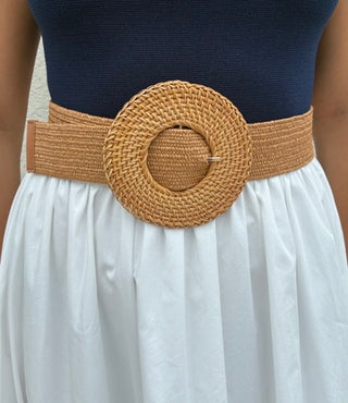 Circle basket weave straw brown belt