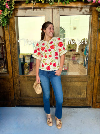 Short Sleeve Floral Embroidery Top in White