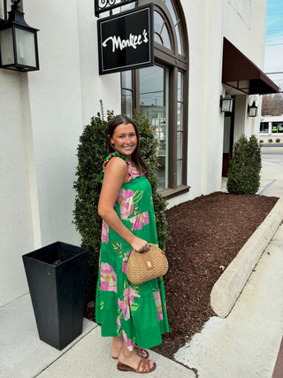 Floral Print Tiered Dress in Green