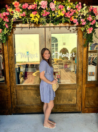 Flare Sleeve Striped Button Down Dress in Blue