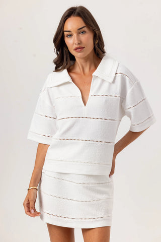 White V-Neck collared t-shirt crinkle terry material 