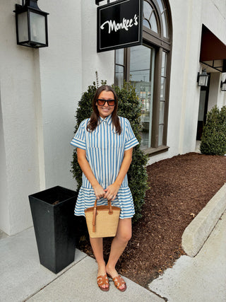 Short Sleeve Striped Tiered Dress in Blue