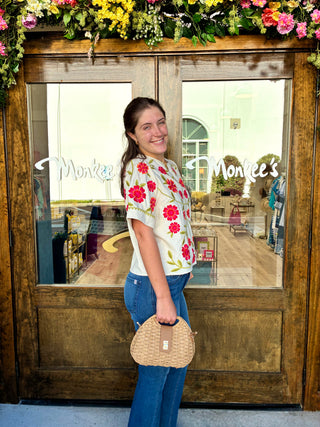 Short Sleeve Floral Embroidery Top in White