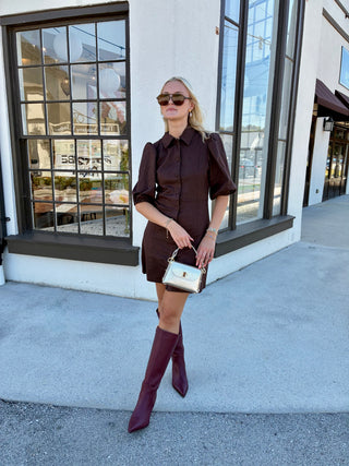 Faux Suede Puff Shoulder Dress in Coffee