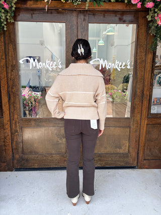Half Cardigan Striped Polo in Latte