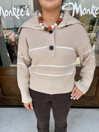 Half Cardigan Striped Polo in Latte