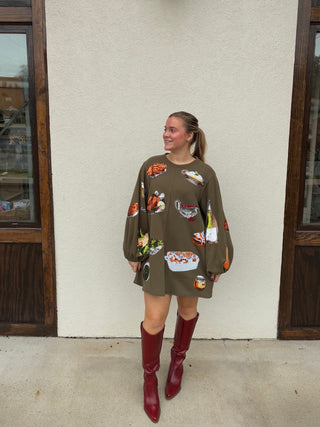 Queen of Turkey Sweatshirt Dress in Olive