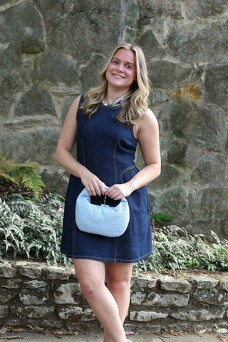 Dark denim mini dress with contrast stitching