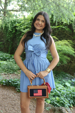Blue mini dress with bow waistline