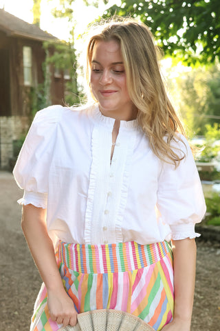 White button down puff sleeve blouse