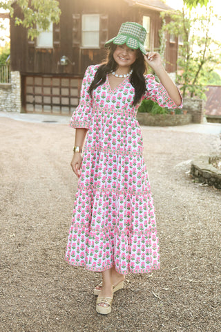 Pink and green floral maxi dress
