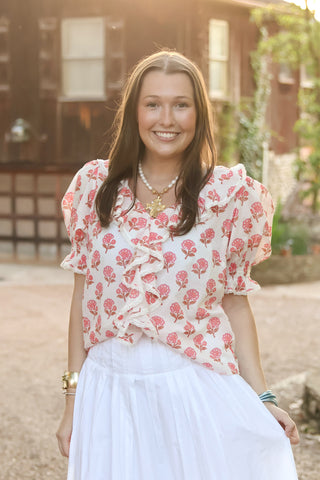 Short sleeve white blouse with ruffle and lace trim