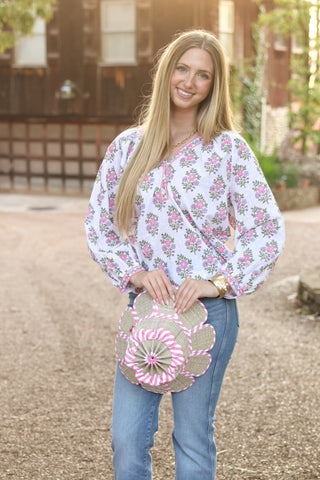 White long sleeve blouse with pink florals