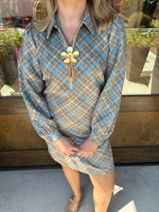 Melanie Knit Diagonal Plaid Dress in Iced Coffee