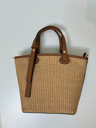 Cane Straw Bucket Bag Medium - Tan Trim