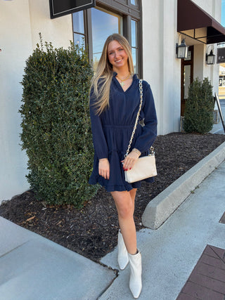 navy tiered long sleeved mini dress