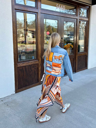 Light Denim Jacket in Light Blue with Orange Horse