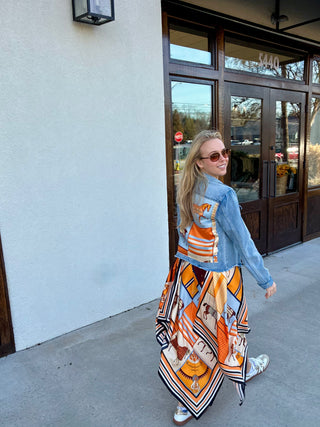 Scarf Dress in Light Blue with Orange Horse