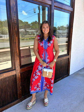 Red Maxi Dress with drawstring waist, blue and white florals throughout