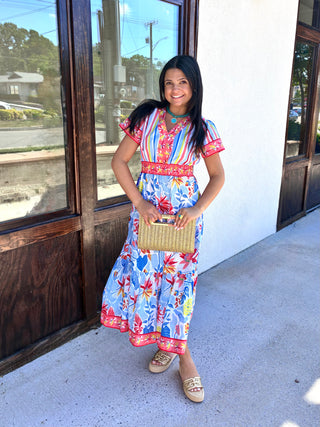 Pastel colorful striped and floral short sleeve maxi dress