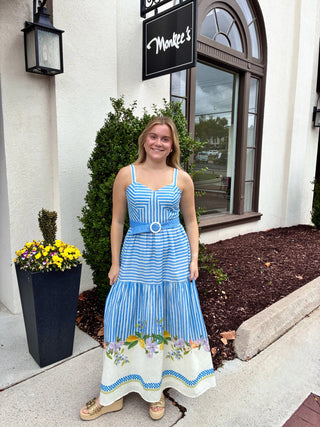 Blue striped belted maxi dress floral detail