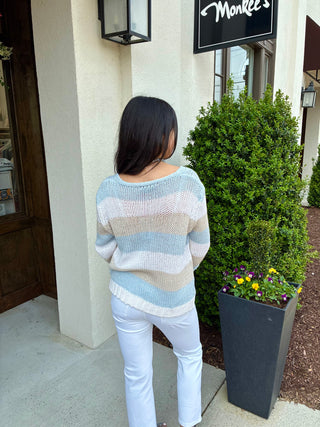 Hadley 3/4 Sleeve Chunky V Cotton Breaker in White Stripe