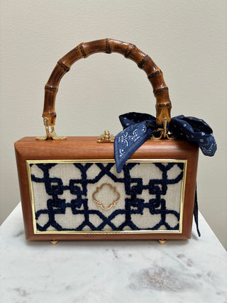 vintage bamboo purse with navy design