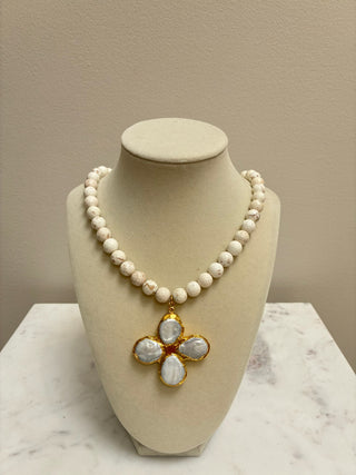 Pearl Clover Cross on 10mm Gemstone Necklace