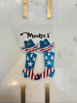 Sparkly USA cowboy boot & cowboy hat earrings