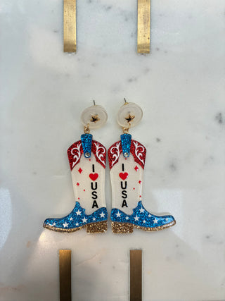 Cowboy boot I love USA sparkly earring