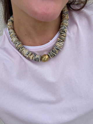 Gemstone Heishi Disc 17" Necklace with Prism Brass