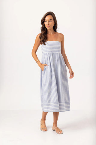 Blue and white striped linen maxi dress