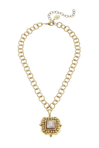 Handcast Gold Pendant & Ivory Crystal Chain Necklace