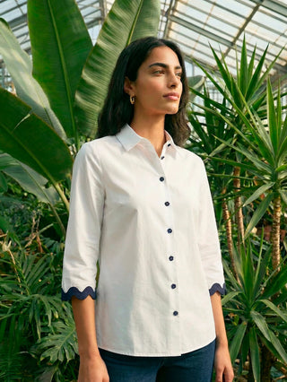 Button Down Blouse with Navy Trim in White