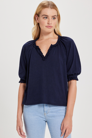 Ruffle Placket Peasant Blouse in Navy